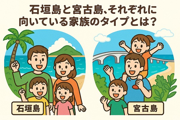 石垣島と宮古島、それぞれ訪れている家族のイラスト