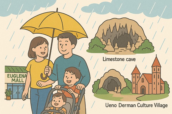 雨の日に石垣島と宮古島を観光している家族のイメージイラスト