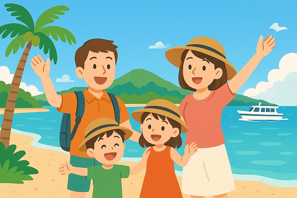 石垣島の旅行を楽しんでいる家族のイラスト