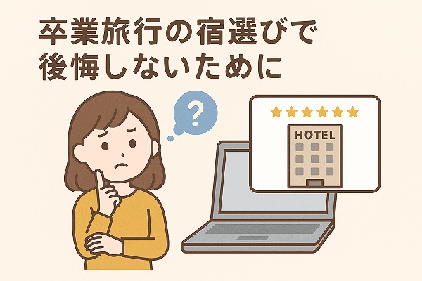 卒業旅行の宿選びで悩んでいる女性のイラスト