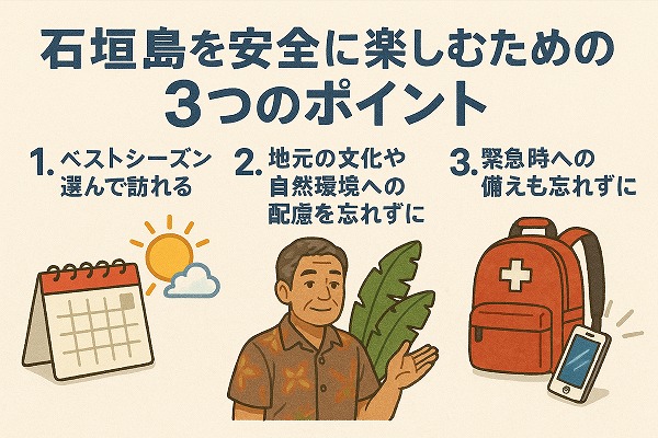 石垣島を安全に楽しむための３つのポイントのイラスト