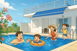 Siestaのプールで楽しむ４人家族のイラスト