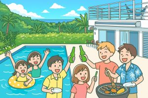 卒業旅行でSiestaで楽しんでいる学生グループ